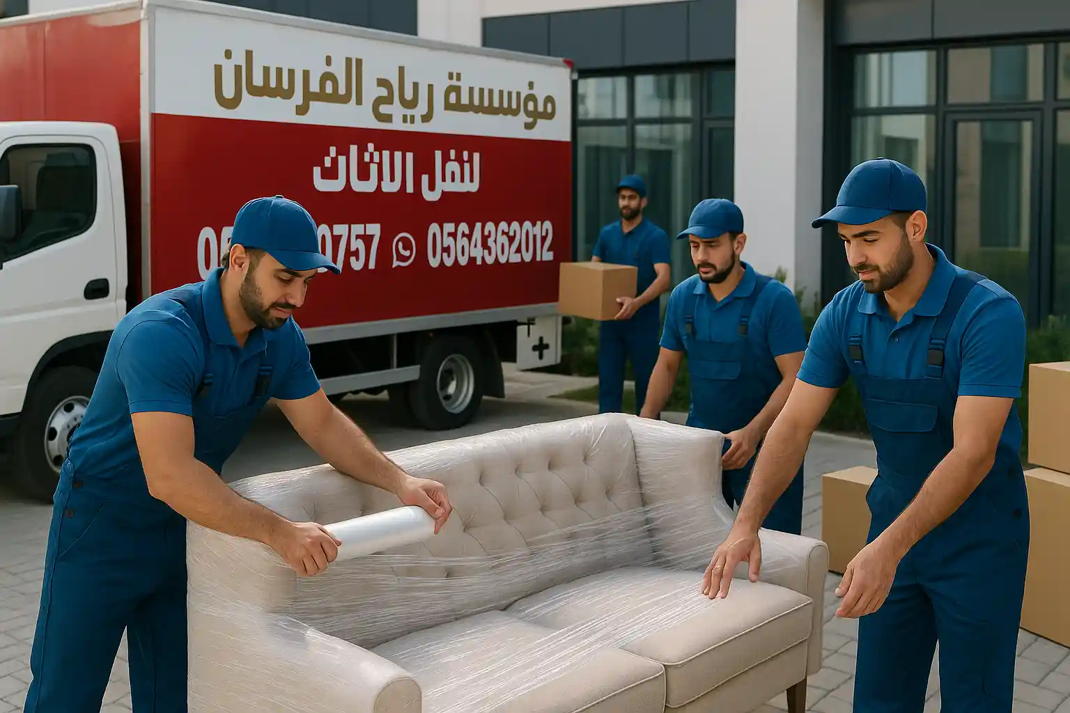 عامل نقل عفش عربي يقوم بتغليف الأثاث باستخدام مواد حماية قبل النقل لضمان سلامته.