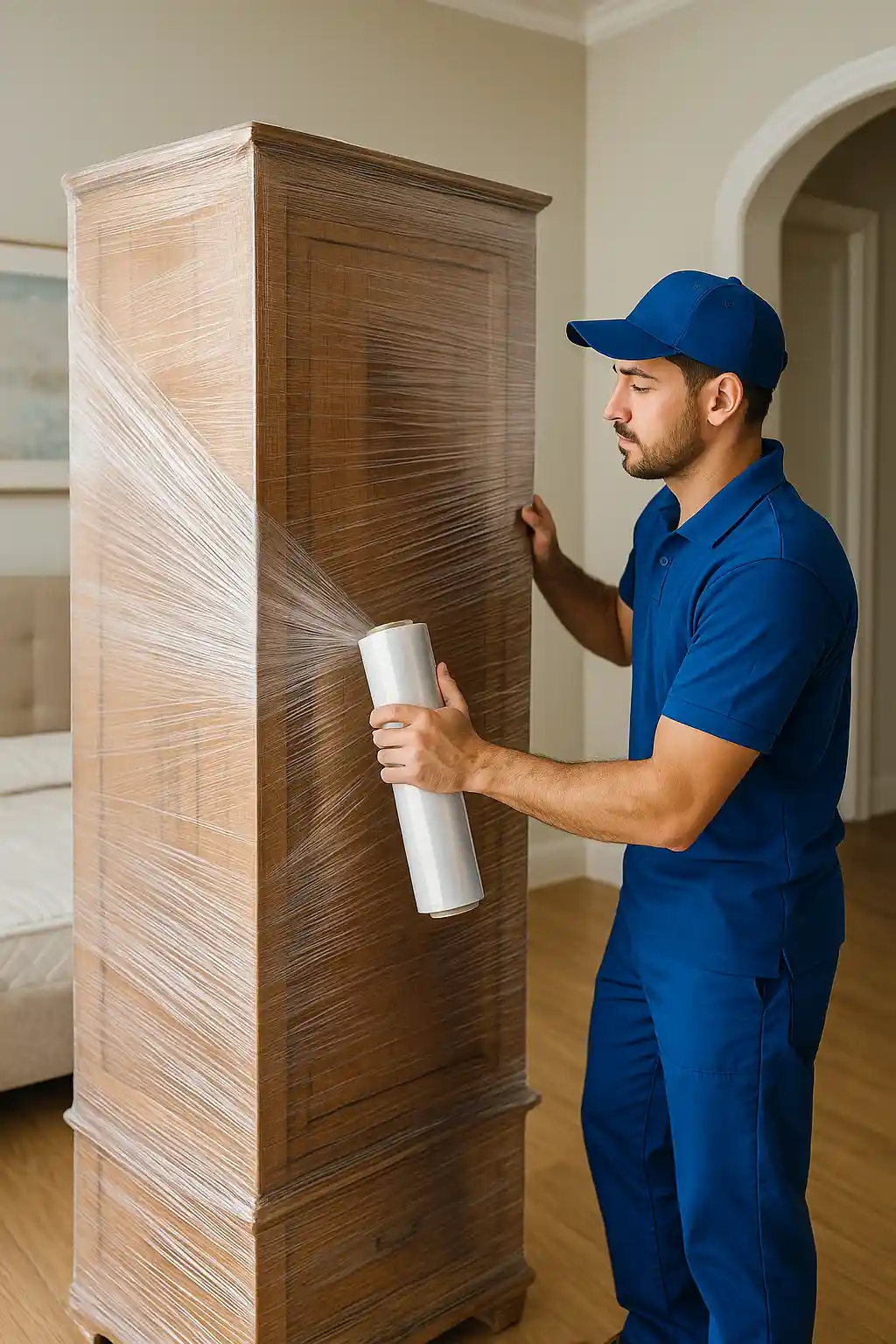 عامل يقوم بتغليف دولاب وأثاث قبل النقل في المبرز