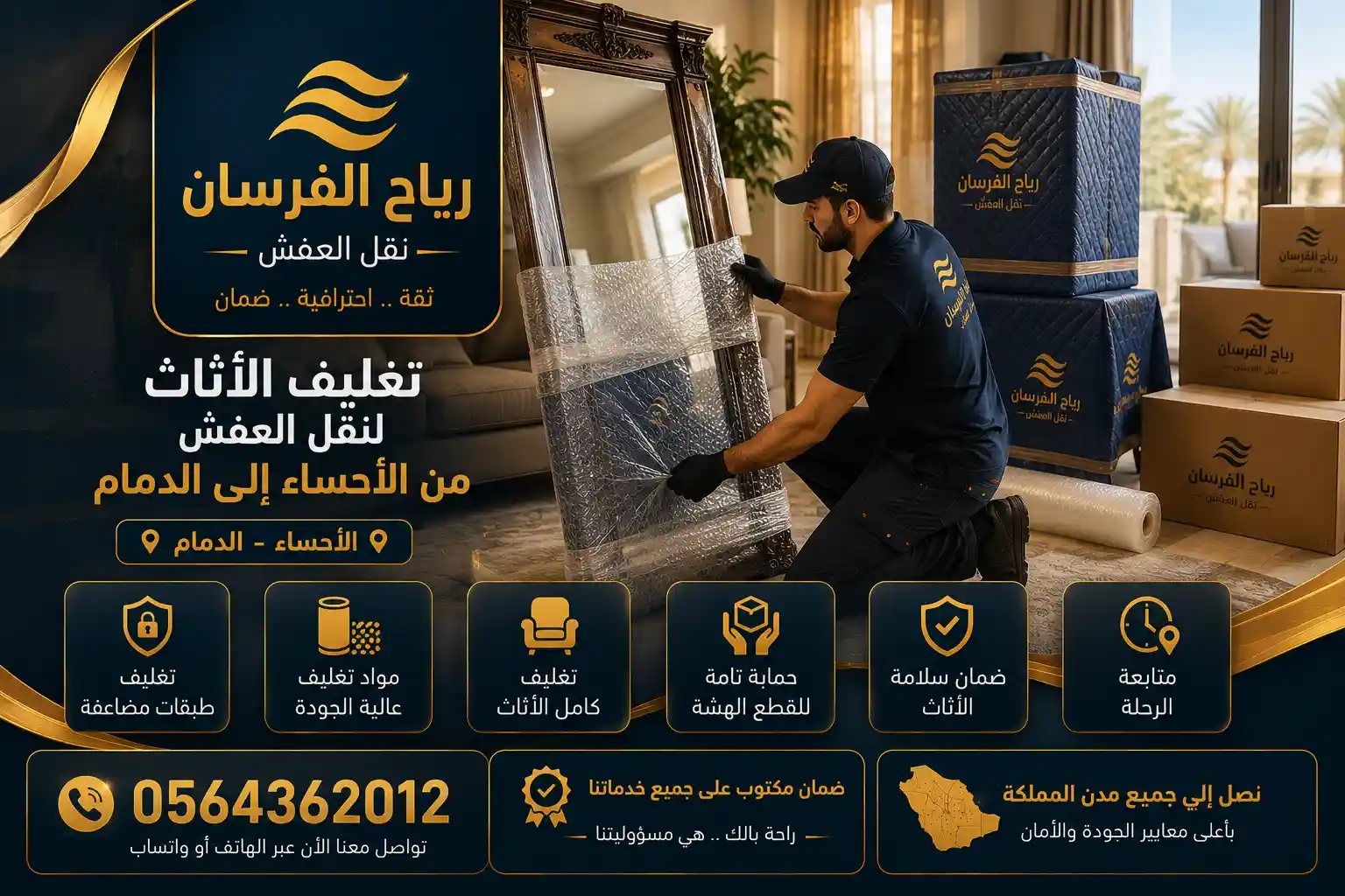 تغليف الأثاث للنقل من الأحساء إلى الدمام تغليف الأثاث بطبقات مضاعفة استعدادًا لنقل عفش من الأحساء إلى الدمام