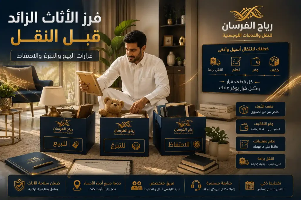 شخص يفرز أثاث المنزل قبل النقل إلى مجموعات للبيع والتبرّع والاحتفاظ مع صناديق ولافتات
